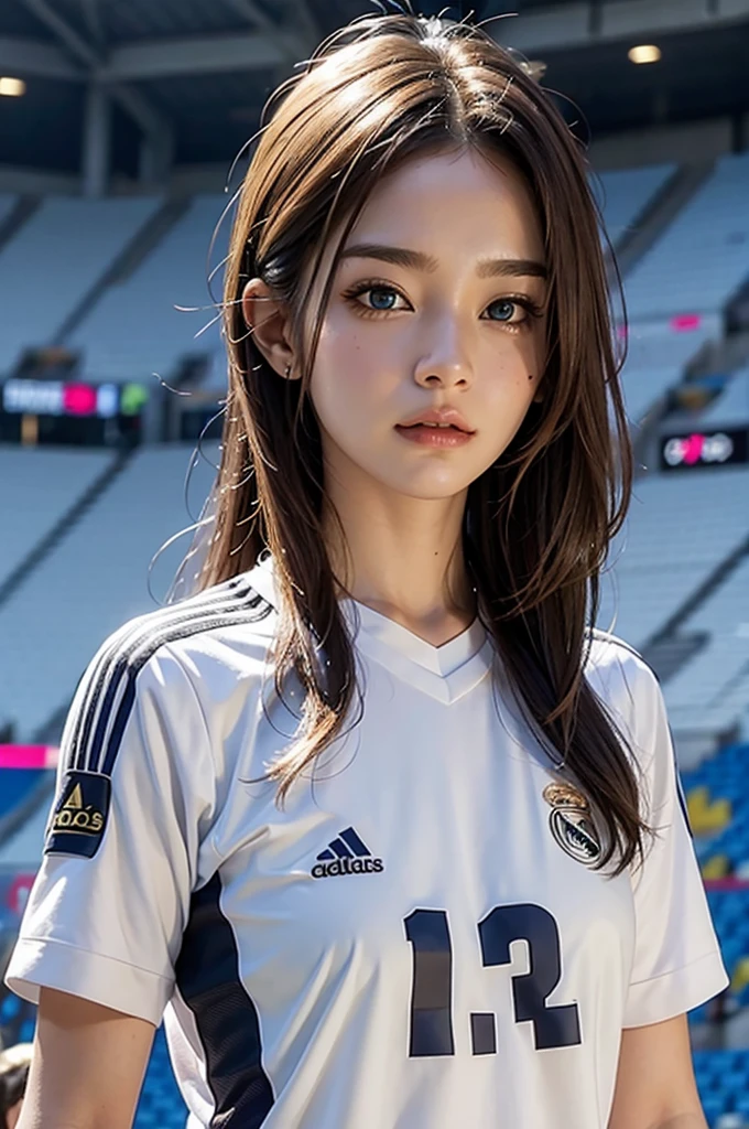 {{{Real Madrid}}}, {{Adidas soccer jersey on white background}}, {{{best quality}}}, {{{realistic}}}, {{{Detailed facial description}}}, realistic 눈동자, blonde long hair, {{beautiful western beauty}}, female, realistic 유니폼 주름, {{{Real Madrid}}}, {{{soccer stadium}}}, Sponsor&#39;s name is Fly Emirates, {{{busty}}}, {{{uniform is wet}}}, {{{Nipples are shining}}}