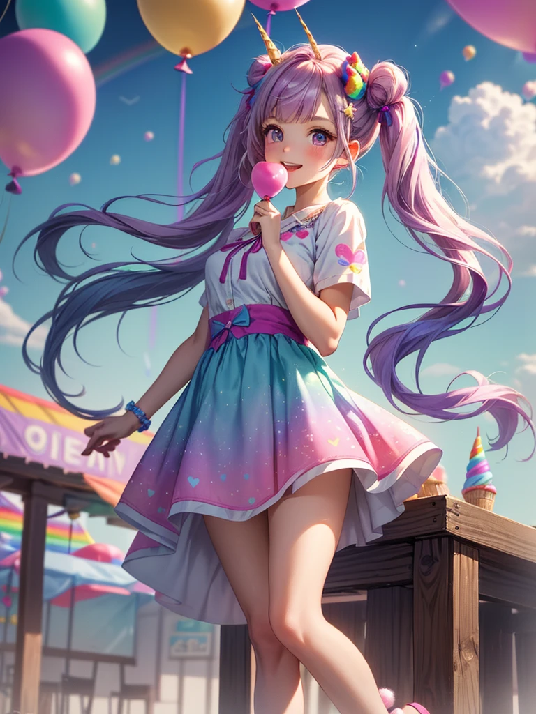 (whole body, legs and shoes visible: 1.2)) Expressive eyes, One girl, Pale skin, Long Hair, Windblown Hair, ((absurdly Long Hair)), Long Side Lock, Princess bangs, Hair bangs, Hair Bun, ((Very long twin tails)), Rainbow Hair, Light pink hair, blush, full face blush, big sparkling Pastel Purple eyes, (Gradient Eye), Laughing with your mouth open, cute pose, ((Holding a balloon : 1.3)) ((cute and pastel fashion)) ((🦄🎠🎈🎉 theme : 1.4)) A loose pastel dress, ((Dreamy multi-colored open dress)), (Floating ribbon), Lavender Frill, Pink frills, (Light blue lace), Removable short sleeves, Fluffy skirt, ((Rainbow and star printed skirt : 1.3)), Lolita Skirt, Purple ribbon, ((pom pom ribbon hair ornament : 1.4)), Multiple Bows, Striped lace stockings, (heart型のレッグガーター), cute (Pastel Purple) shoes ((Ultra-detailed clothing and fashion)) I&#39;m watching you, Vintage Girl, blush, (Beautiful attention to detail), (Highly detailed CG Unity 8k wallpaper) (Best Shadow), ((Very delicate and beautiful)), (Detailed light), ((Depth of written boundary)) Big Head, Big, bright eyes, Moe, Splash Art, Cinema Lighting, Front view, volumetric lighting maximalist photo illustration k resolution high resolution intricate detailed complex key visuals precise linear ((Dreamy pastel sky background, Surrounded by sunset clouds, shooting star, Castle above the clouds)) ((Ultra-detailed landscapes, Foggy clouds, Hung by balloons, heart : 1.3))