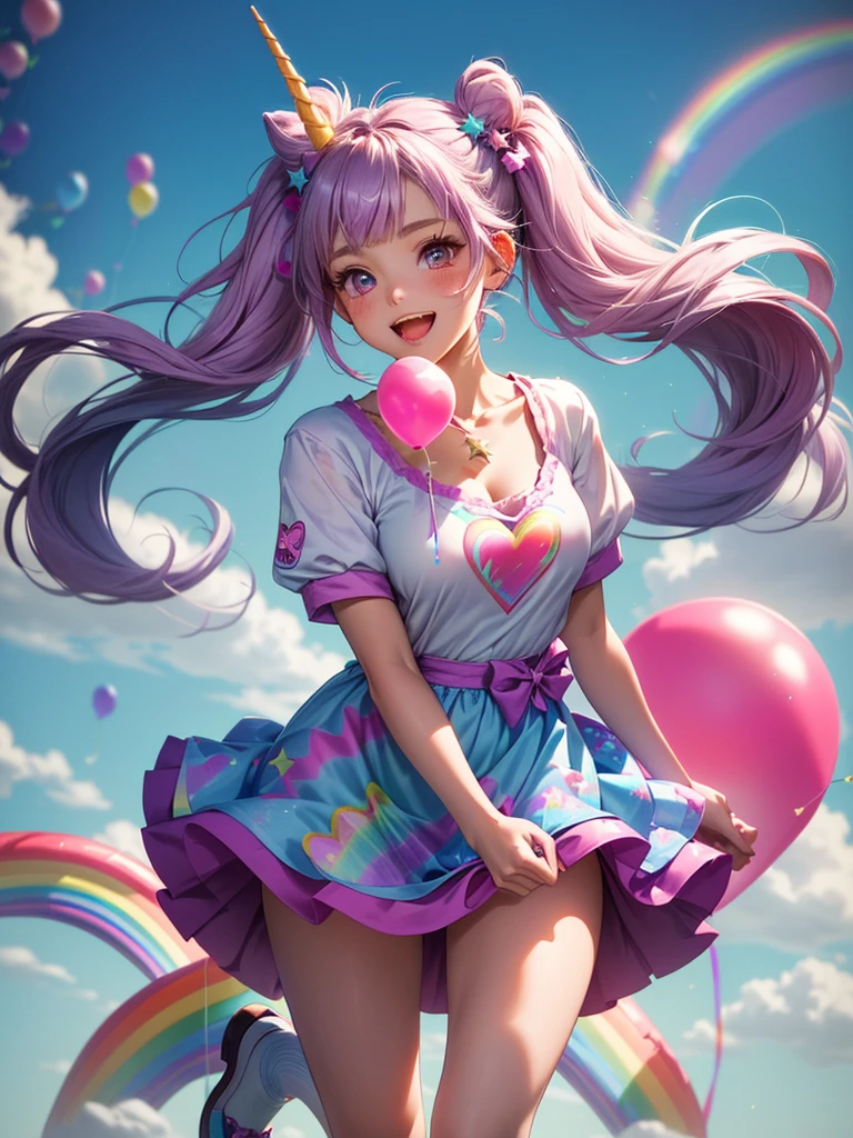 (whole body, legs and shoes visible: 1.2)) Expressive eyes, One girl, Pale skin, Long Hair, Windblown Hair, ((absurdly Long Hair)), Long Side Lock, Princess bangs, Hair bangs, Hair Bun, ((Very long twin tails)), Rainbow Hair, Light pink hair, blush, full face blush, big sparkling Pastel Purple eyes, (Gradient Eye), Laughing with your mouth open, cute pose, ((Holding a balloon : 1.3)) ((cute and pastel fashion)) ((🦄🎠🎈🎉 theme : 1.4)) A loose pastel dress, ((Dreamy multi-colored open dress)), (Floating ribbon), Lavender Frill, Pink frills, (Light blue lace), Removable short sleeves, Fluffy skirt, ((Rainbow and star printed skirt : 1.3)), Lolita Skirt, Purple ribbon, ((pom pom ribbon hair ornament : 1.4)), Multiple Bows, Striped lace stockings, (heart型のレッグガーター), cute (Pastel Purple) shoes ((Ultra-detailed clothing and fashion)) I&#39;m watching you, Vintage Girl, blush, (Beautiful attention to detail), (Highly detailed CG Unity 8k wallpaper) (Best Shadow), ((Very delicate and beautiful)), (Detailed light), ((Depth of written boundary)) Big Head, Big, bright eyes, Moe, Splash Art, Cinema Lighting, Front view, volumetric lighting maximalist photo illustration k resolution high resolution intricate detailed complex key visuals precise linear ((Dreamy pastel sky background, Surrounded by sunset clouds, shooting star, Castle above the clouds)) ((Ultra-detailed landscapes, Foggy clouds, Hung by balloons, heart : 1.3))