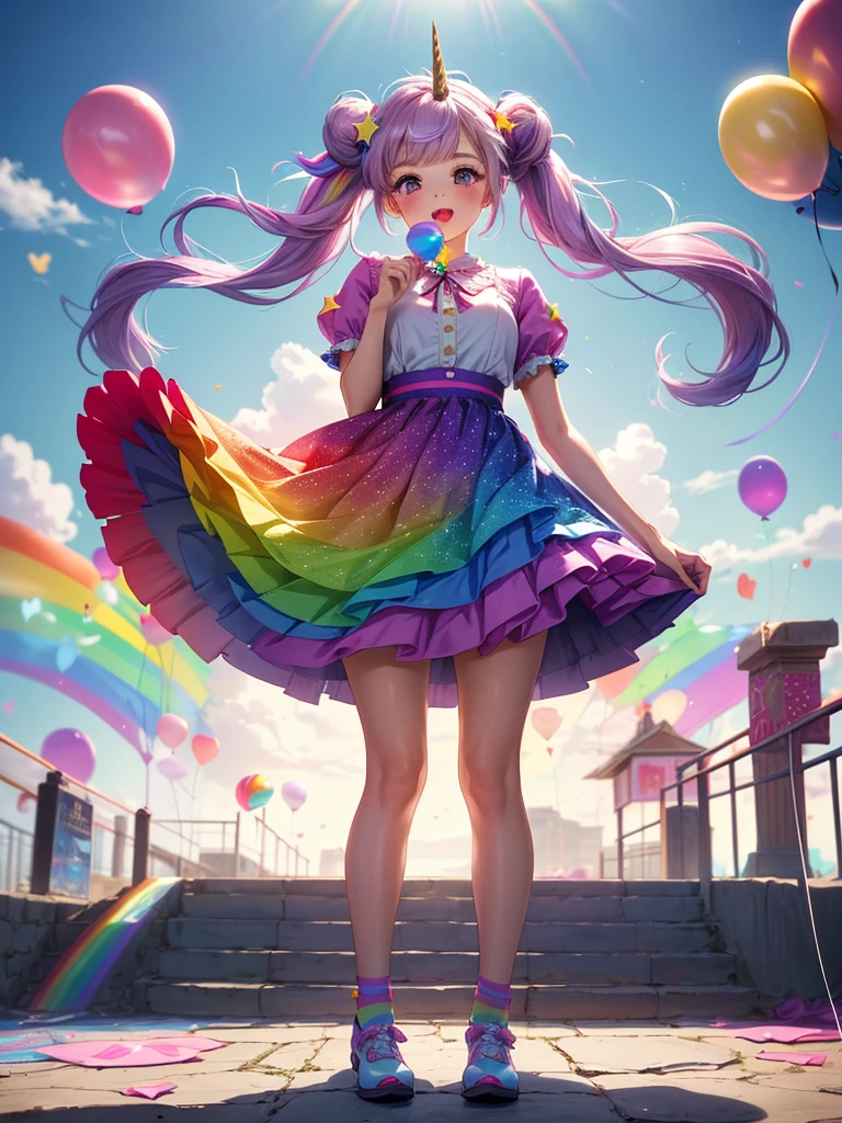 (whole body, legs and shoes visible: 1.2)) Expressive eyes, One girl, Pale skin, Long Hair, Windblown Hair, ((absurdly Long Hair)), Long Side Lock, Princess bangs, Hair bangs, Hair Bun, ((Very long twin tails)), Rainbow Hair, Light pink hair, blush, full face blush, big sparkling Pastel Purple eyes, (Gradient Eye), Laughing with your mouth open, cute pose, ((Holding a balloon : 1.3)) ((cute and pastel fashion)) ((🦄🎠🎈🎉 theme : 1.4)) A loose pastel dress, ((Dreamy multi-colored open dress)), (Floating ribbon), Lavender Frill, Pink frills, (Light blue lace), Removable short sleeves, Fluffy skirt, ((Rainbow and star printed skirt : 1.3)), Lolita Skirt, Purple ribbon, ((pom pom ribbon hair ornament : 1.4)), Multiple Bows, Striped lace stockings, (heart型のレッグガーター), cute (Pastel Purple) shoes ((Ultra-detailed clothing and fashion)) I&#39;m watching you, Vintage Girl, blush, (Beautiful attention to detail), (Highly detailed CG Unity 8k wallpaper) (Best Shadow), ((Very delicate and beautiful)), (Detailed light), ((Depth of written boundary)) Big Head, Big, bright eyes, Moe, Splash Art, Cinema Lighting, Front view, volumetric lighting maximalist photo illustration k resolution high resolution intricate detailed complex key visuals precise linear ((Dreamy pastel sky background, Surrounded by sunset clouds, shooting star, Castle above the clouds)) ((Ultra-detailed landscapes, Foggy clouds, Hung by balloons, heart : 1.3))