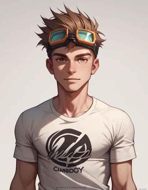 human Male 20 Years  , Brown Cool  haircut, wearing t-shirt  , Head Goggles , 