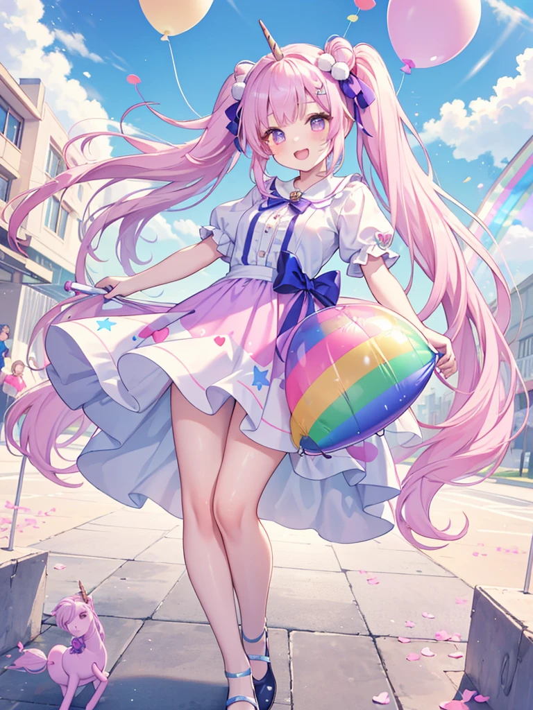 (whole body, legs and shoes visible: 1.2)) Expressive eyes, One girl, Pale skin, Long Hair, Windblown Hair, ((absurdly Long Hair)), Long Side Lock, Princess bangs, Hair bangs, Hair Bun, ((Very long twin tails)), Rainbow Hair, Light pink hair, blush, full face blush, big sparkling Pastel Purple eyes, (Gradient Eye), Laughing with your mouth open, cute pose, ((Holding a balloon : 1.3)) ((cute and pastel fashion)) ((🦄🎠🎈🎉 theme : 1.4)) A loose pastel dress, ((Dreamy multi-colored open dress)), (Floating ribbon), Lavender Frill, Pink frills, (Light blue lace), Removable short sleeves, Fluffy skirt, ((Rainbow and star printed skirt : 1.3)), Lolita Skirt, Purple ribbon, ((pom pom ribbon hair ornament : 1.4)), Multiple Bows, Striped lace stockings, (heart型のレッグガーター), cute (Pastel Purple) shoes ((Ultra-detailed clothing and fashion)) I&#39;m watching you, Vintage Girl, blush, (Beautiful attention to detail), (Highly detailed CG Unity 8k wallpaper) (Best Shadow), ((Very delicate and beautiful)), (Detailed light), ((Depth of written boundary)) Big Head, Big, bright eyes, Moe, Splash Art, Cinema Lighting, Front view, volumetric lighting maximalist photo illustration k resolution high resolution intricate detailed complex key visuals precise linear ((Dreamy pastel sky background, Surrounded by sunset clouds, shooting star, Castle above the clouds)) ((Ultra-detailed landscapes, Foggy clouds, Hung by balloons, heart : 1.3))