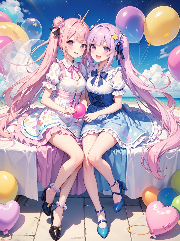 (whole body, legs and shoes visible: 1.2)) Expressive eyes, One girl, Pale skin, Long Hair, Windblown Hair, ((absurdly Long Hair)), Long Side Lock, Princess bangs, Hair bangs, Hair Bun, ((Very long twin tails)), Rainbow Hair, Light pink hair, blush, full face blush, big sparkling Pastel Purple eyes, (Gradient Eye), Laughing with your mouth open, cute pose, ((Holding a balloon : 1.3)) ((cute and pastel fashion)) ((🦄🎠🎈🎉 theme : 1.4)) A loose pastel dress, ((Dreamy multi-colored open dress)), (Floating ribbon), Lavender Frill, Pink frills, (Light blue lace), Removable short sleeves, Fluffy skirt, ((Rainbow and star printed skirt : 1.3)), Lolita Skirt, Purple ribbon, ((pom pom ribbon hair ornament : 1.4)), Multiple Bows, Striped lace stockings, (heart型のレッグガーター), cute (Pastel Purple) shoes ((Ultra-detailed clothing and fashion)) I&#39;m watching you, Vintage Girl, blush, (Beautiful attention to detail), (Highly detailed CG Unity 8k wallpaper) (Best Shadow), ((Very delicate and beautiful)), (Detailed light), ((Depth of written boundary)) Big Head, Big, bright eyes, Moe, Splash Art, Cinema Lighting, Front view, volumetric lighting maximalist photo illustration k resolution high resolution intricate detailed complex key visuals precise linear ((Dreamy pastel sky background, Surrounded by sunset clouds, shooting star, Castle above the clouds)) ((Ultra-detailed landscapes, Foggy clouds, Hung by balloons, heart : 1.3))