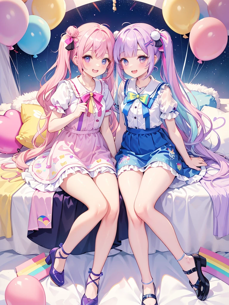 (whole body, legs and shoes visible: 1.2)) Expressive eyes, One girl, Pale skin, Long Hair, Windblown Hair, ((absurdly Long Hair)), Long Side Lock, Princess bangs, Hair bangs, Hair Bun, ((Very long twin tails)), Rainbow Hair, Light pink hair, blush, full face blush, big sparkling Pastel Purple eyes, (Gradient Eye), Laughing with your mouth open, cute pose, ((Holding a balloon : 1.3)) ((cute and pastel fashion)) ((🦄🎠🎈🎉 theme : 1.4)) A loose pastel dress, ((Dreamy multi-colored open dress)), (Floating ribbon), Lavender Frill, Pink frills, (Light blue lace), Removable short sleeves, Fluffy skirt, ((Rainbow and star printed skirt : 1.3)), Lolita Skirt, Purple ribbon, ((pom pom ribbon hair ornament : 1.4)), Multiple Bows, Striped lace stockings, (heart型のレッグガーター), cute (Pastel Purple) shoes ((Ultra-detailed clothing and fashion)) I&#39;m watching you, Vintage Girl, blush, (Beautiful attention to detail), (Highly detailed CG Unity 8k wallpaper) (Best Shadow), ((Very delicate and beautiful)), (Detailed light), ((Depth of written boundary)) Big Head, Big, bright eyes, Moe, Splash Art, Cinema Lighting, Front view, volumetric lighting maximalist photo illustration k resolution high resolution intricate detailed complex key visuals precise linear ((Dreamy pastel sky background, Surrounded by sunset clouds, shooting star, Castle above the clouds)) ((Ultra-detailed landscapes, Foggy clouds, Hung by balloons, heart : 1.3))