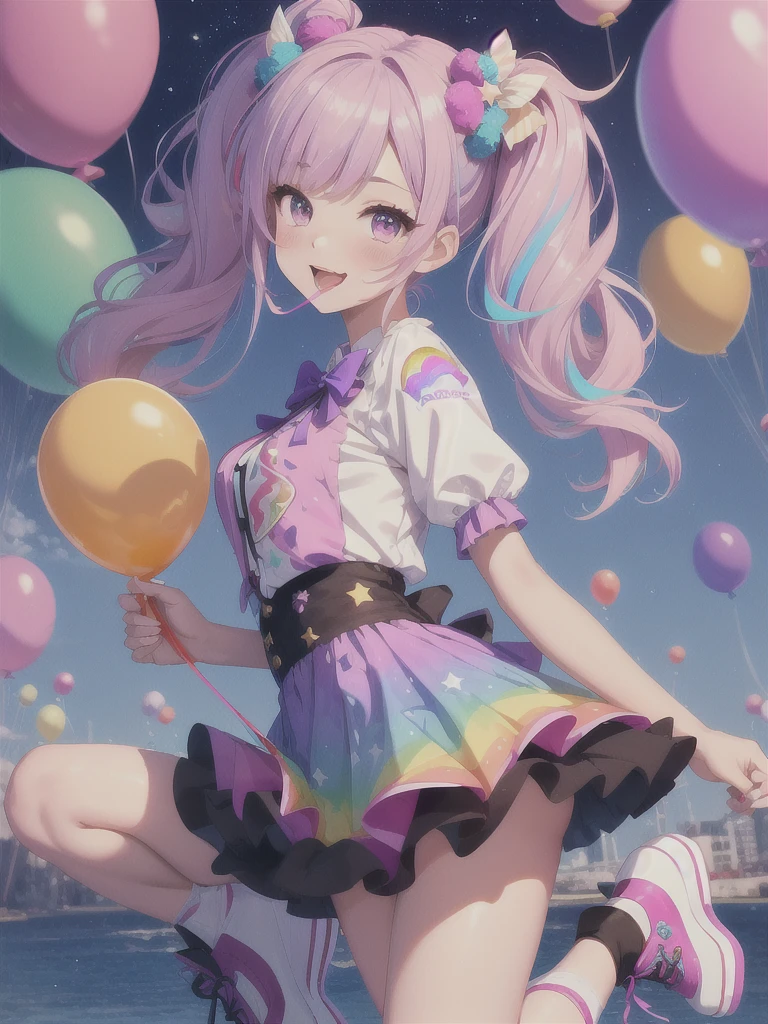 (whole body, legs and shoes visible: 1.2)) Expressive eyes, One girl, Pale skin, Long Hair, Windblown Hair, ((absurdly Long Hair)), Long Side Lock, Princess bangs, Hair bangs, Hair Bun, ((Very long twin tails)), Rainbow Hair, Light pink hair, blush, full face blush, big sparkling Pastel Purple eyes, (Gradient Eye), Laughing with your mouth open, cute pose, ((Holding a balloon : 1.3)) ((cute and pastel fashion)) ((🦄🎠🎈🎉 theme : 1.4)) A loose pastel dress, ((Dreamy multi-colored open dress)), (Floating ribbon), Lavender Frill, Pink frills, (Light blue lace), Removable short sleeves, Fluffy skirt, ((Rainbow and star printed skirt : 1.3)), Lolita Skirt, Purple ribbon, ((pom pom ribbon hair ornament : 1.4)), Multiple Bows, Striped lace stockings, (heart型のレッグガーター), cute (Pastel Purple) shoes ((Ultra-detailed clothing and fashion)) I&#39;m watching you, Vintage Girl, blush, (Beautiful attention to detail), (Highly detailed CG Unity 8k wallpaper) (Best Shadow), ((Very delicate and beautiful)), (Detailed light), ((Depth of written boundary)) Big Head, Big, bright eyes, Moe, Splash Art, Cinema Lighting, Front view, volumetric lighting maximalist photo illustration k resolution high resolution intricate detailed complex key visuals precise linear ((Dreamy pastel sky background, Surrounded by sunset clouds, shooting star, Castle above the clouds)) ((Ultra-detailed landscapes, Foggy clouds, Hung by balloons, heart : 1.3))