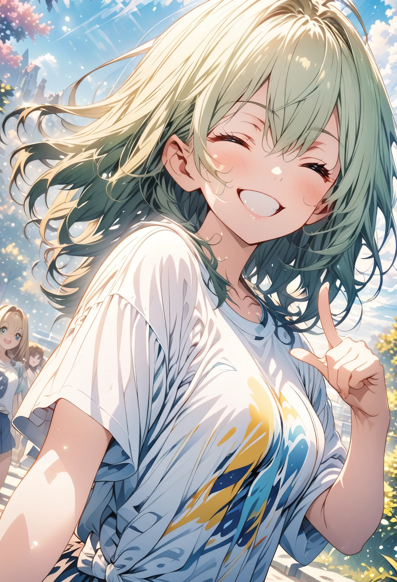 masterpiece, Highest quality, Highly detailed CG Unity 8K wallpapers, High School Girl Anime Illustration. Wearing an oversized T-shirt、She is pointing her finger、Green Hair、she has her eyes closed and mouth open, smile. The background is a light pastel colored landscape