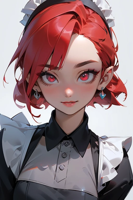 (masterpiece), ((best quality)), (super detailed), (beautiful eyes beautiful details eyes, Clean and delicate face, upper body), solo, (Red bob hair, red eyes:1.35), (maid costume, white maid headband), (Eyelid, Pupil, Sclera, Iris), (purple eye shadow:1.2), smile, lips apart, simple background, looking at viewer