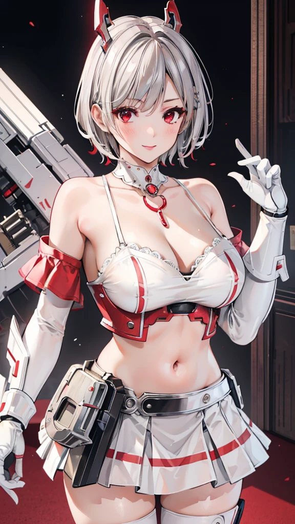 8k，best quality，masterpiece，Very detailed，Semi-realistic，a girl，White off-shoulder top，White gloves，White red striped skirt，Silver wavy short hairstyle，Red eyes，Makeup Eyeshadow，Lipstick，Smile，science fiction apocalypse，aisle，chest mecha，Large Breasts