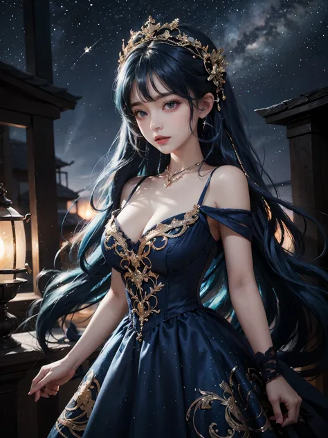 ultra hd、a beautiful blue-haired character、image from chest up、big eyes like a 、red burning cheeks、night scene with starry sky b...