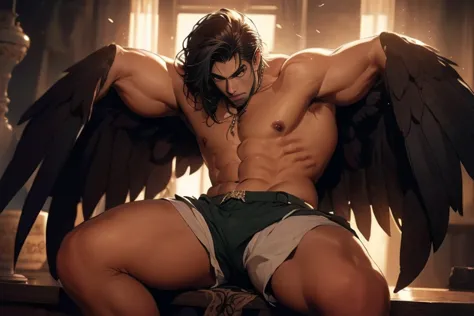 tight mini shorts, 19 year old, tarzan((obra de arte, melhor qualidade, high resolution)) a handsome man with black demon wings,...