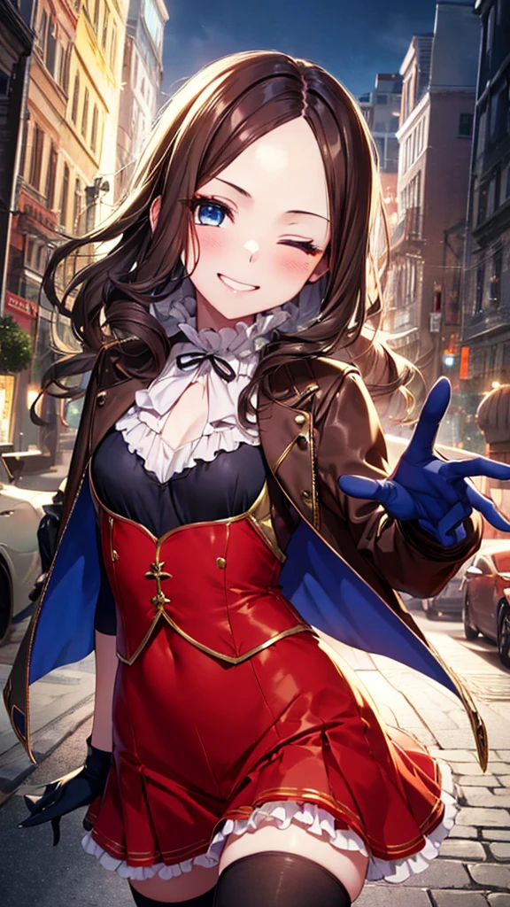 (upper body),1girl,solo,leonardo da vinci rider, blue eyes, brown hair, long hair, parted bangs,flat chest,(chibi:1.2),black footwear, brown jacket, elbow gloves, gloves, jacket, loafers, metal gloves, pantyhose, red skirt, shoes, skirt, puffy sleeves, thighhighs, blue thighhighs,one eye closed,(evil smile),masterpiece,Noise Reduction,perfect anatomy,high resolution, ultra-detailed, ultra-detailed face,game cg,dutch angle ,beautiful detailed eyes,visualart,five fingers, perfect hands, perfect lighting,