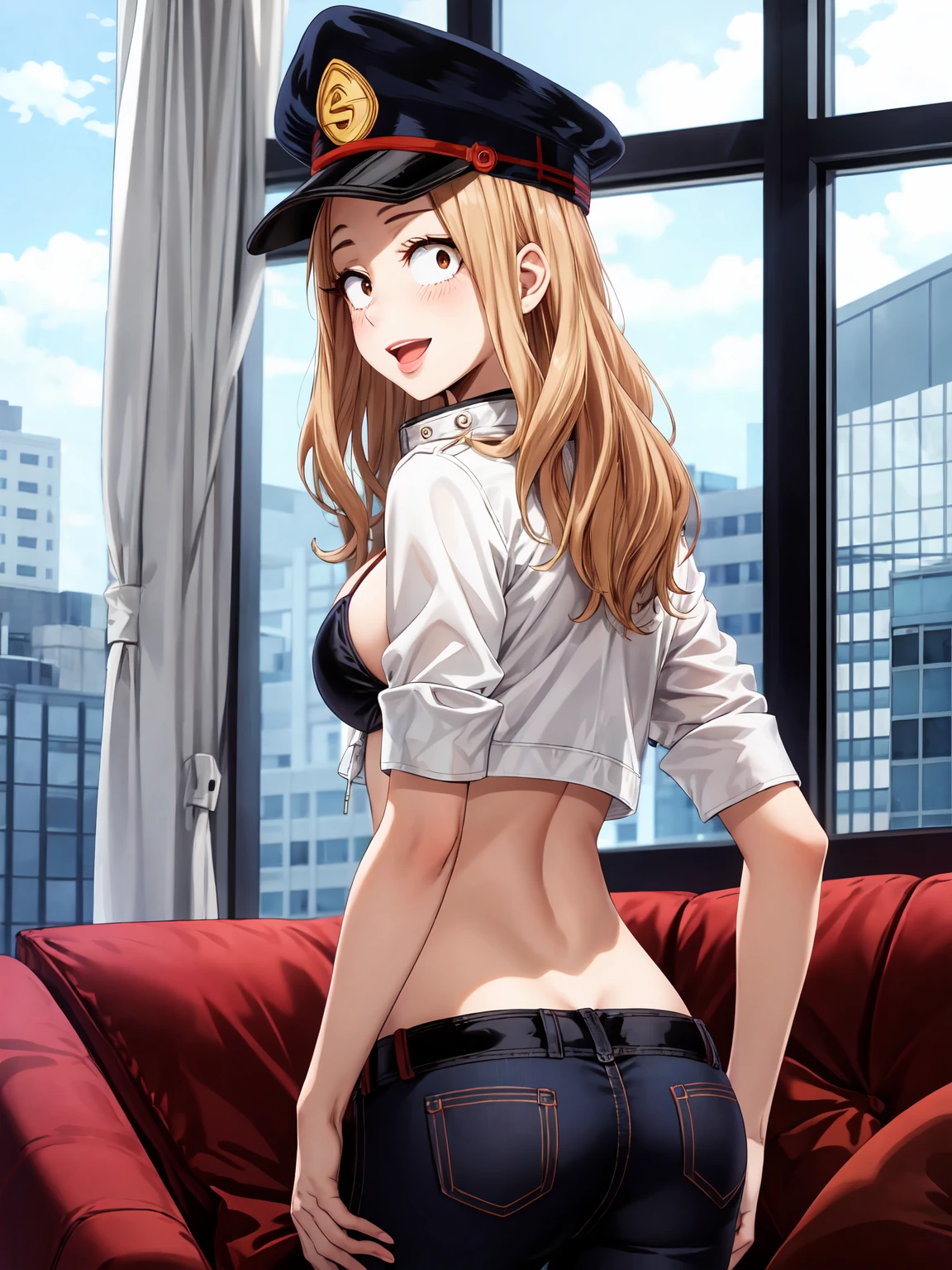 Masterpiece ,best quality , high resolution , (face view , look at view , head back , from back , from behind) , (1 girl solo:1.38) , (camie, long hair, brown hair, brown eyes, peaked cap , lipstick , eyeliner)) , (slim , tall , slender , thin) , (cleavage:1.05) , (big breast:1.06) , (wear bikini , jacket , belly , denim_micro_short , fishnet stockinhs) , (indoor , windows , sofa) , (open mouth , smile , full face blush , shy ) , (standing , thighs ) , (cowboy_shot)