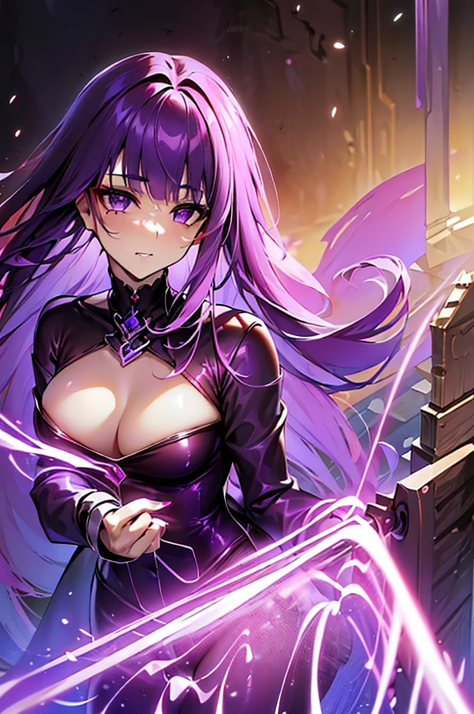 ((masterpiece))、(top-quality)、(detailed, 27 years old)、(1girl) (purple haired. Provocative and revealing devil cat suit outfit, partial exposed naked, she's standing seductively in a sexy position. The lens is very low to the ground looking up at her. Background is a highly detailed and highly aesthetic gritty dungeon lair. glossy skin. 4k. Lens is very low to the ground looking up at her. Head to toe portrait.