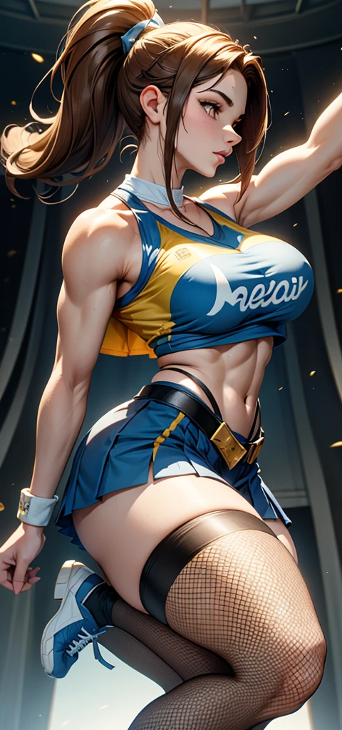 a Cheerleader，
wearing pantyhose and Stockings with suspenders, belt, and fishnet stockings.Golden long hair; eyes are clear sapphire blue; a ponytail; healthy bronze skin; a well-proportioned and smooth figure; muscles are firm yet not lacking in feminine softness; the leg lines are tight and powerful, with a flat and firm abdomen; the top is bright yellow, with a fitted cut that reveals the abdomen, embroidered with the team's emblem on the chest, and her name "Skye" is embroidered in large letters on the back, highlighting her personal identity. The bottom is a black skirt with a gold trim on the hem, which swings lightly with the movement, showing feminine elegance without hindering the execution of any difficult movements. She wears white wrist guards and knee pads, which are not only decorative but also important equipment for protecting the body during training and competition. Her professional cheerleading shoes, which match the uniform in color, provide good support and grip, ensuring that every jump and landing is safe and stable.thick thighs，fleshy thighs，revealing her thighs，big natural breasts，huge round breasts，busty girl，supermodel figure，perfect body
