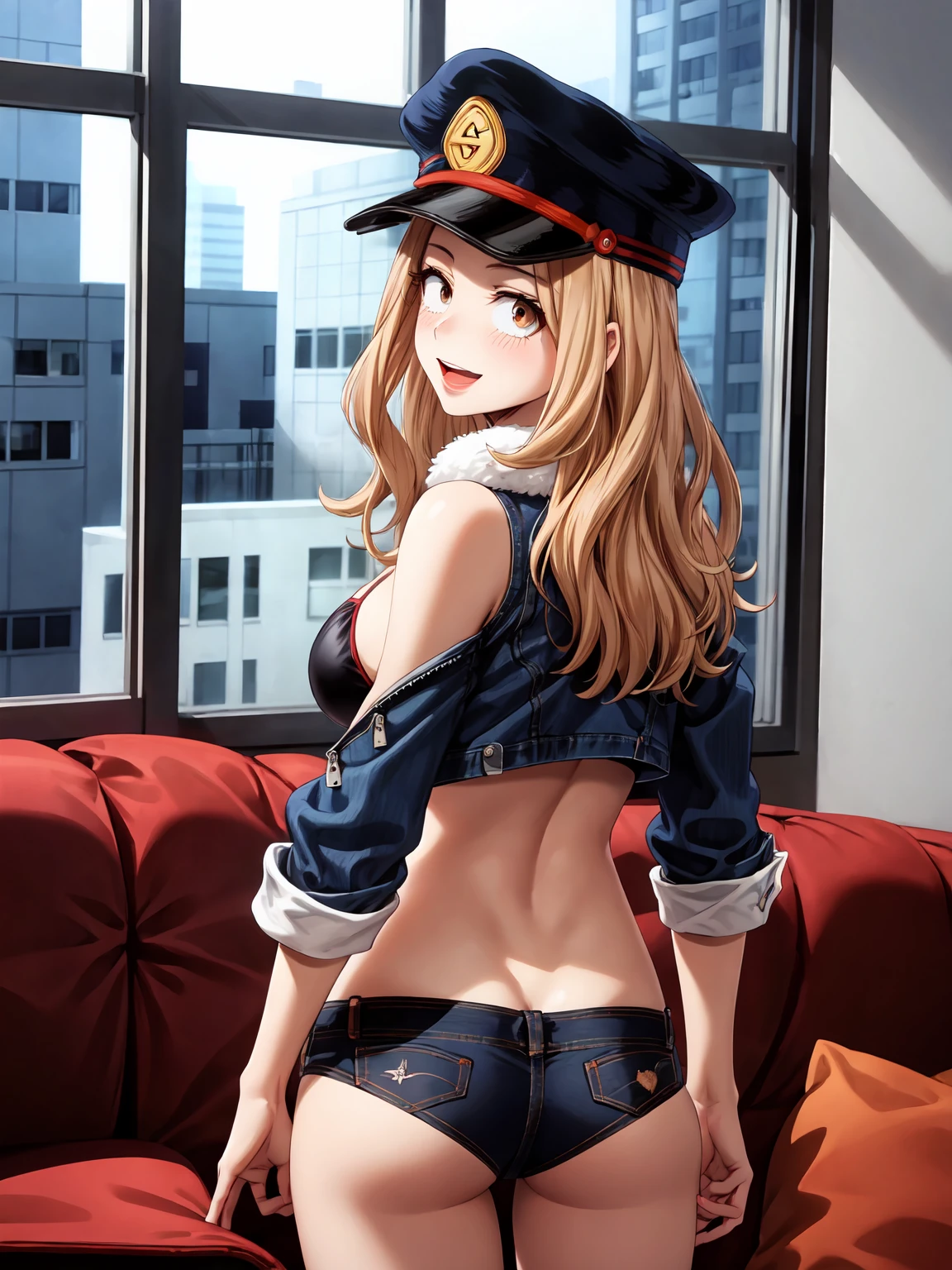 Masterpiece ,best quality , high resolution , (face view , look at view , head back , (from back , back view , from behind)) , (1 girl solo:1.38) , (camie, long hair, brown hair, brown eyes, peaked cap , lipstick , eyeliner)) , (slim , tall , slender , thin) , (cleavage:1.05) , (big breast:1.06) , (wear bikini , jacket , belly , denim_micro_short , fishnet stockinhs) , (indoor , windows , sofa) , (open mouth , smile , full face blush , shy ) , (standing , thighs ) , (cowboy_shot)