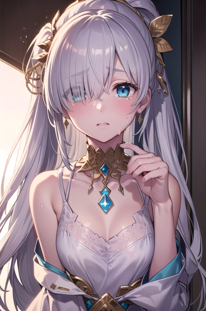 (((ponytail)))),((),fgo anastasia,(((()))), ((Both arms are tied behind their backs))blue eyes, Grey Hair, Hair between the eyes, (Hair on one eye:1.5), Long Hair, bangs,Exposed shoulders,Beautiful eyes like jewels,((((((Portrait of a single person)))))),((Are crying)),((Blushing)),
break , brown hair band, dress, , hair band,,, tachi-e,, 
break (masterpiece:1.2), Highest quality, High resolution, unity 8k wallpaper, (figure:0.8), (Beautiful attention to detail:1.6), Highly detailed face, Perfect lighting, Highly detailed CG, (Perfect hands, Perfect Anatomy),