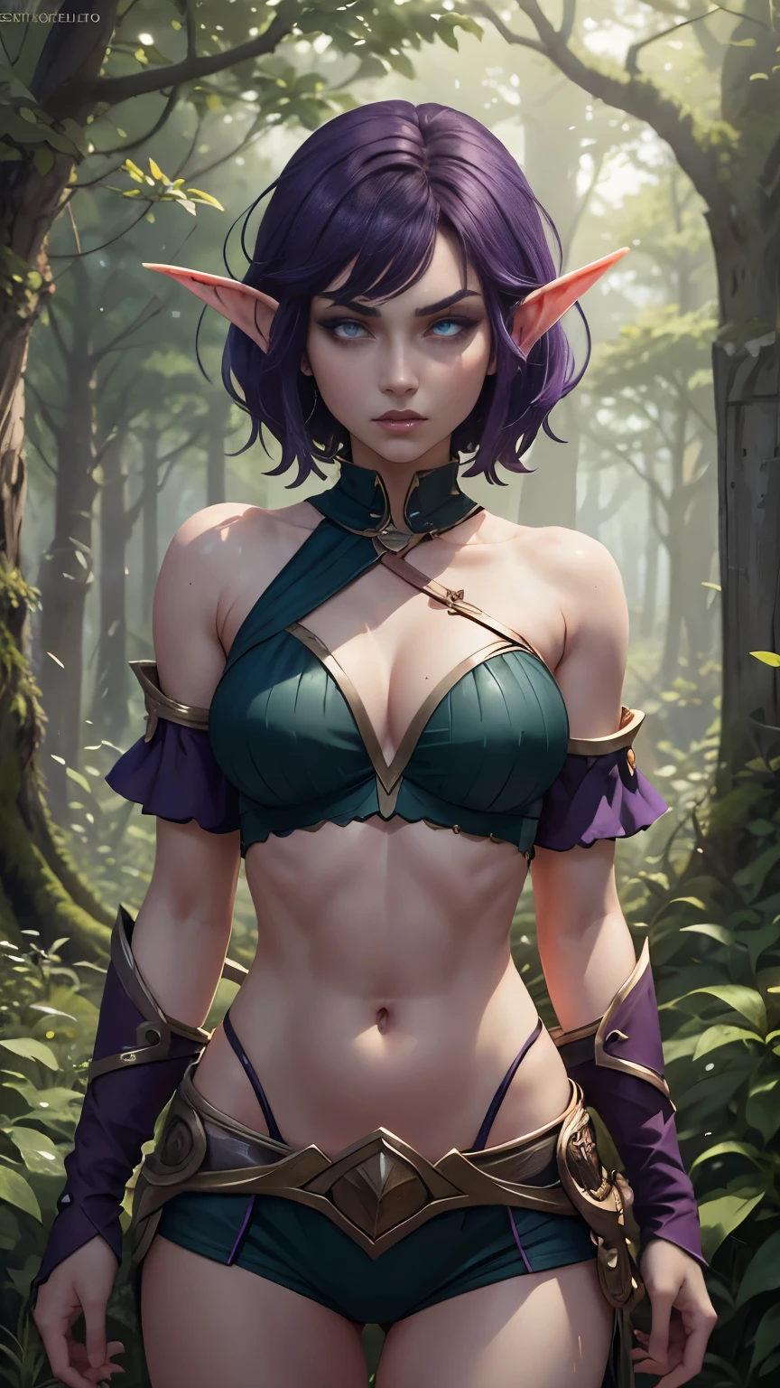 (Masterpiece, highly detailed, highly quality,  highly resolutions), body facing viewer, conjoined_dicephalus, two heads, BREAK nightelf, angry, clenched teeth, glowing eyes, blue eyes, Purple Hair, colored skin, mature female, purple midriff, navel, purple spike shoulder pad, platinum trim, green leaves, jewelry, looking at viewer, forest, night, bare shoulders, spring season, 