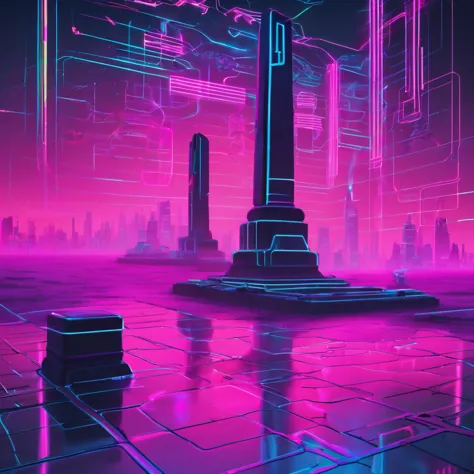 create a digital artwork for a website background that combines vaporwave, cyberpunk, and pre-columbian aesthetics. the scene sh...