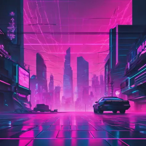 create a digital artwork for a website background that combines vaporwave, cyberpunk, and pre-columbian aesthetics. the scene sh...