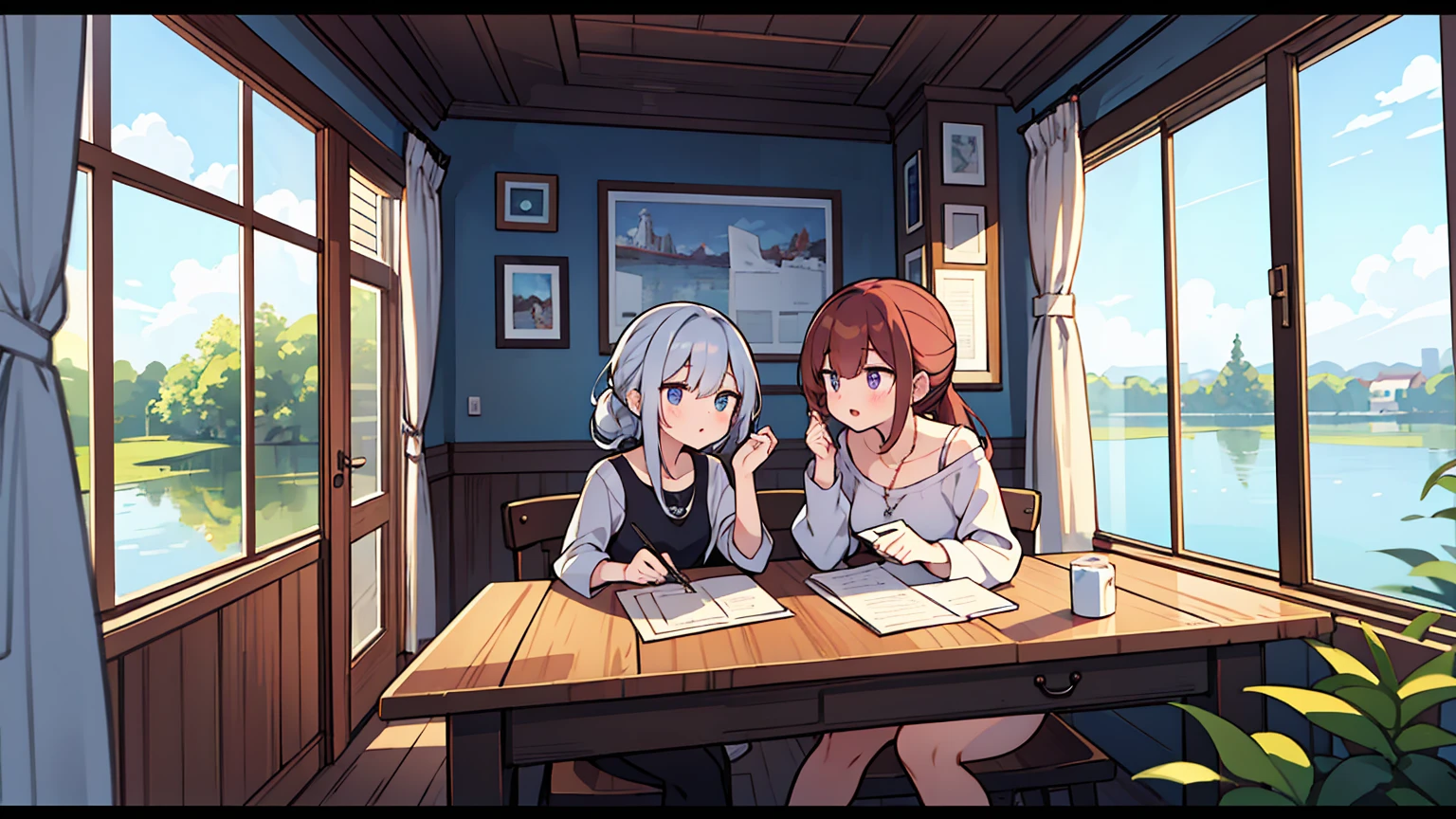 (masterpiece, best quality),Two women with different faces and hairstyles, different hair colors, different faces, ponytail, letterboxed, perfection of fashion,chapped lips, casual attire, whole body, from the side,You can see the sky and lake outside the full-length window., The interior design is magnificent.,study at the table, eyes look at the note, together, stylish outfit,
