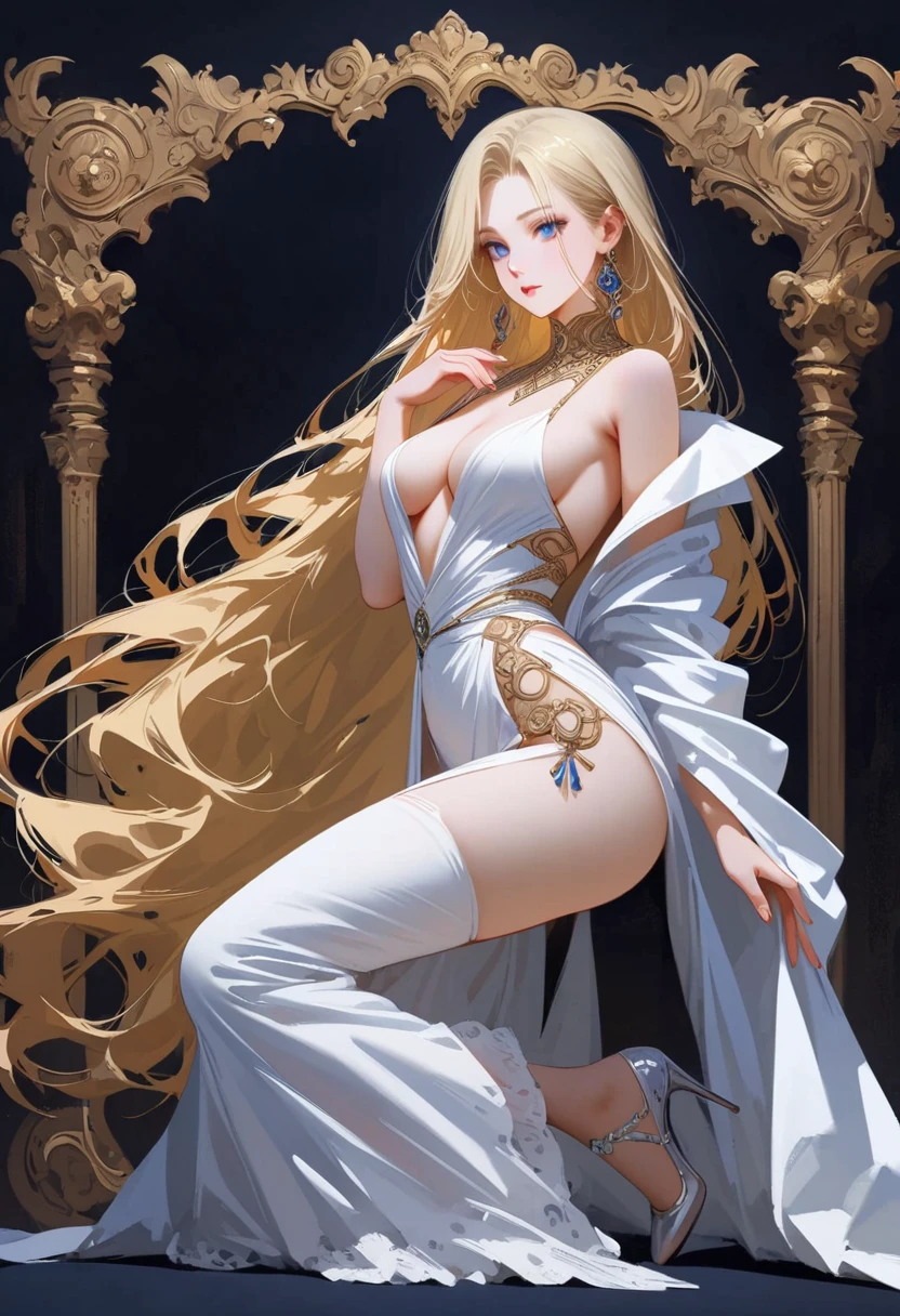 ((masterpiece,best quality,8K,high resolution)),((character concept art)), 1 female, noble, Old money atmosphere, supermodel, fashion model, 35 years old, (long blonde hair), blonde hair, (fair complexion), Ultra-fine eyes (blue eye color), extraordinary gorgeous, grace, charming, clever, calm, Perfect body ((Slim and curvaceous)), ((intricate details)), Super delicate hand details, super fine fingers(((Ten fingers))), Wearing a white blazer、White shirt and white pants  (stand still), (full body display), ((Show the whole body)), (No logos on background), (No logo), ((solid color background)), ((solid color background)), (((empty background)))