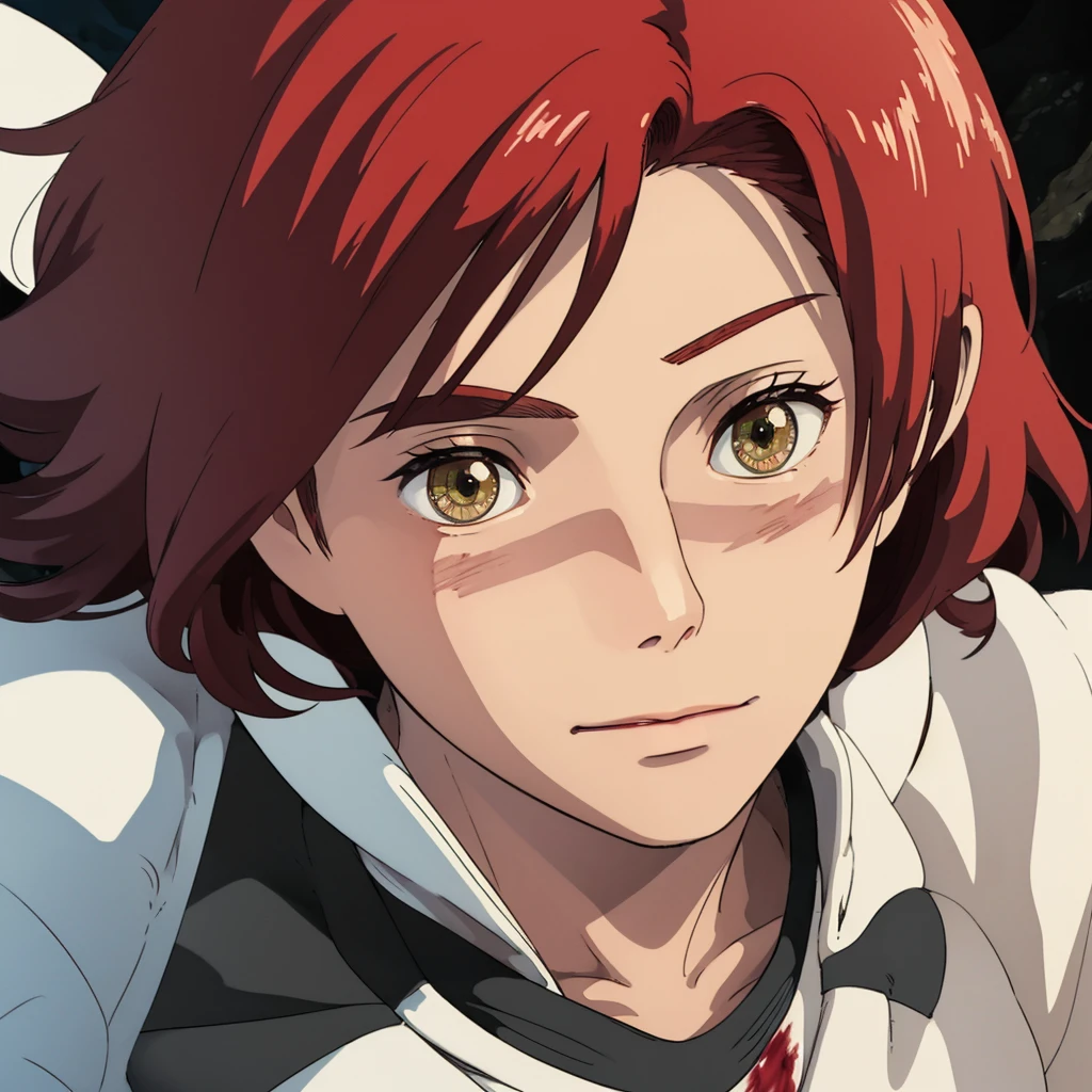 A beautiful Teenage man standing with his hairs fluttering in wind, his crimson eyes shining in the dark, a slight smirk on his face, Blood red Crimson hair, a hint of seriousness in his face, beautiful detailed face, detailed eyes, detailed anime background, 