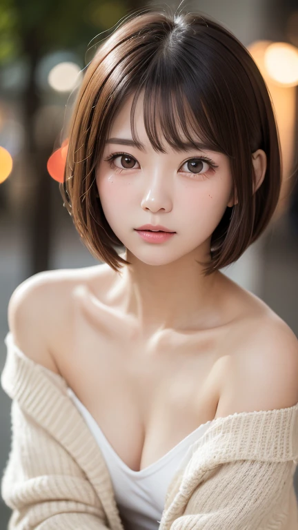 Tabletop, Highest quality, One Girl, (beautiful girl, Delicate girl:1.3), (23 years old:1.3), Definition of very fine particles, (Symmetrical eyes:1.3), night, ( Off the shoulder、White camisole、Loose cardigan:1.2), Small breasts, Cleavage、Brown eyes, Show your forehead, Brown Hair, (Eye and facial details:1.0), (RAW Photos, Film Grain, chromatic aberration), (Bokeh: 1.1),,thin、Tear bags、Tanuki face、Drooping eyes、bob cut