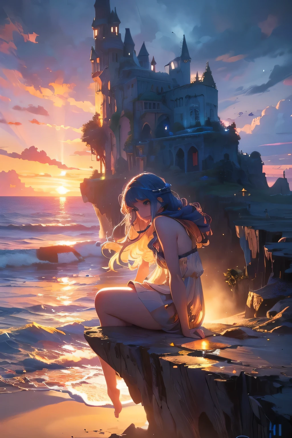 a lonely mystical island floating in the vast ocean, mystical (sunset sea, sandy beach, forest, cave), 1girl, beautiful detailed eyes, beautiful detailed lips, extremely detailed eyes and face, long eyelashes, serene expression, sitting on the beach, warm lighting, dramatic lighting, glowing sunset sky, dramatic clouds, (best quality,4k,8k,highres,masterpiece:1.2),ultra-detailed,(realistic,photorealistic,photo-realistic:1.37),dramatic lighting, vibrant colors, cinematic, magical atmosphere, fantasy landscape, mystical island, concept art