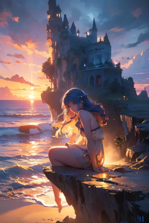 a lonely mystical island floating in the vast ocean, mystical (sunset sea, sandy beach, forest, cave), 1girl, beautiful detailed...