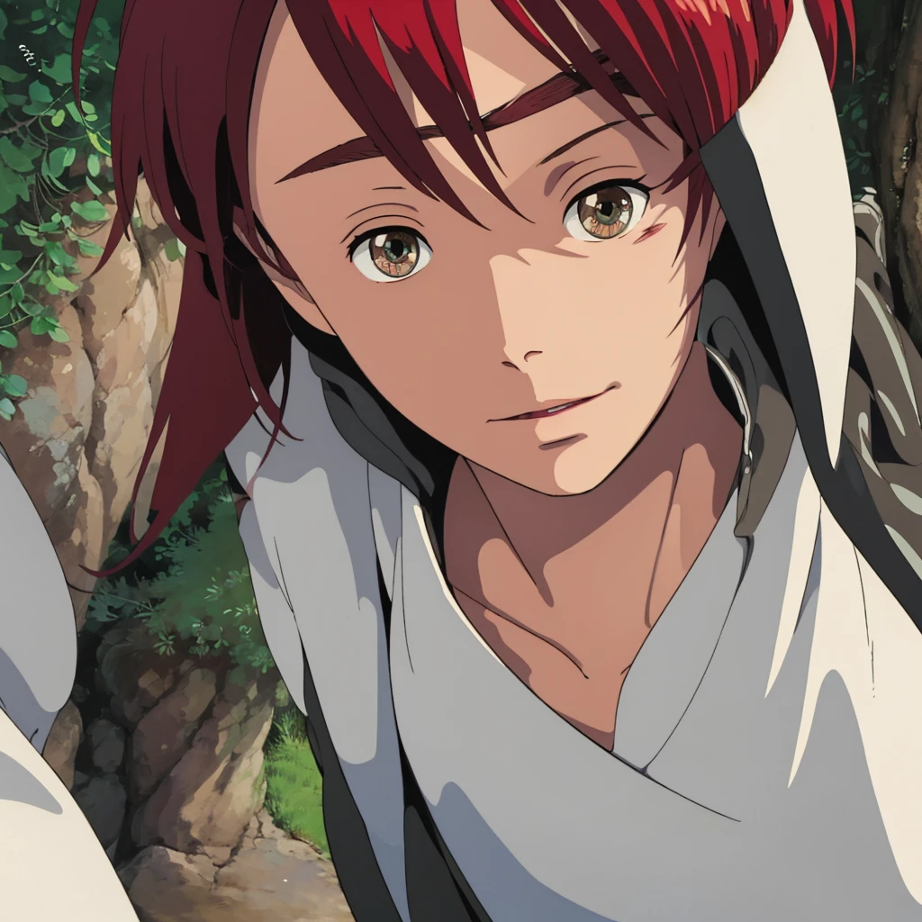 A beautiful Teenage boy standing with his hairs fluttering in wind, his crimson eyes shining in the dark, a slight smirk on his face, Blood red Crimson hair, a hint of seriousness in his face, beautiful detailed face, detailed eyes, detailed anime background, 