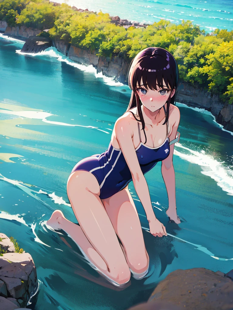 ランダムなポーズ、Random patterned swimsuit、Swimsuit,,Blushing、Pale brown eyes、Dark purple hair、Semi-long hair、Head to toe full body、Blushing、Embarrassed look、Composition from the front、A view from slightly below、school swimwear、Acme Face、Random pose、, 、nsfw、Highest quality、1 girl、solo、Ocean、Sandy Beach、Sexy pose、Random pose、Blushing、wet、Embarrassed、I can see half of my 、、One piece swimsuit、(Strap slip:1.3)、Swimsuit
