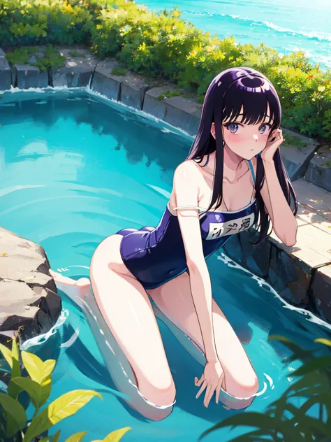 ランダムなポーズ、random patterned swimsuit、swimsuit,,blushing、pale brown eyes、dark purple hair、semi-long hair、head to toe full body、blus...