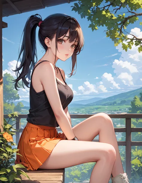 score_9, score_8_up, score_7_up,source_anime, 1girl, solo, skirt, looking at viewer, outdoors, black hair, sitting, long hair, o...