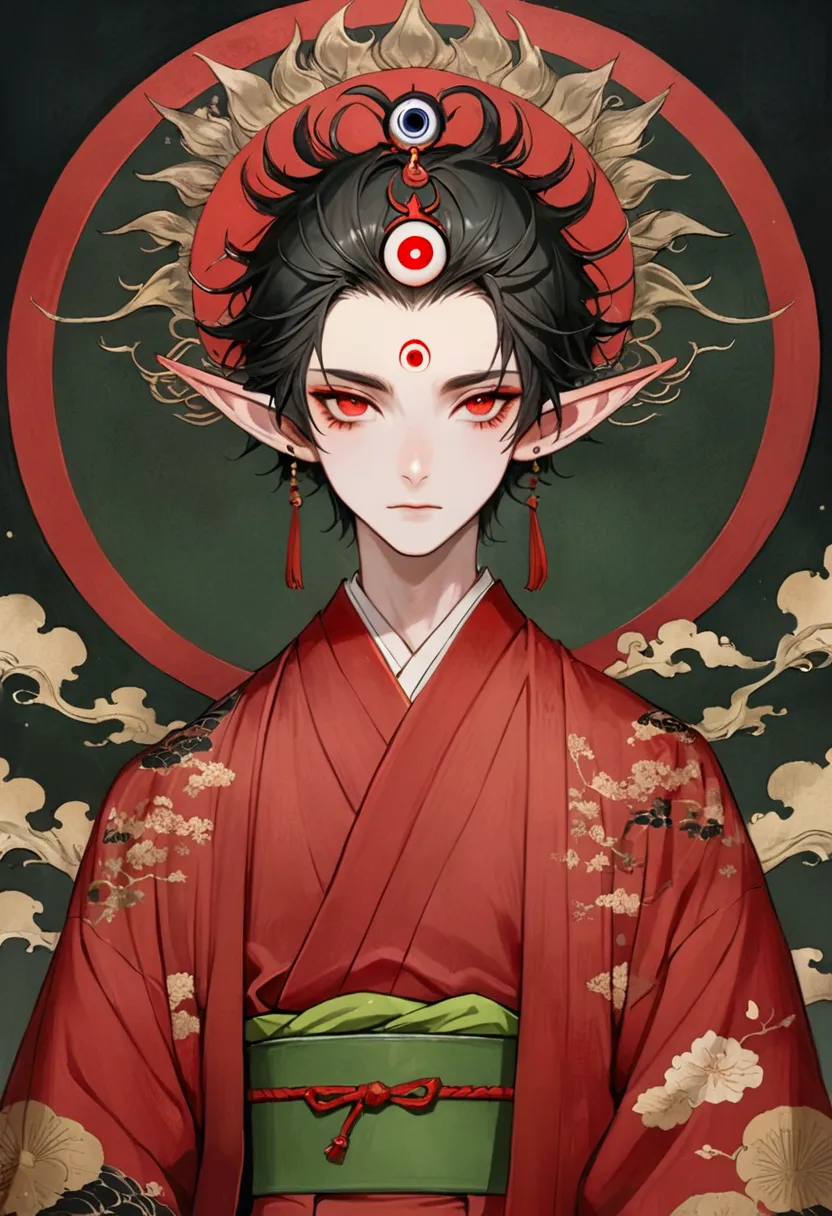 art illustration，dark style，(((1 boy，独奏，third eye on the forehead，elf ears))),(((gorgeous japanese red kimono：1.6，eye diagram，da...