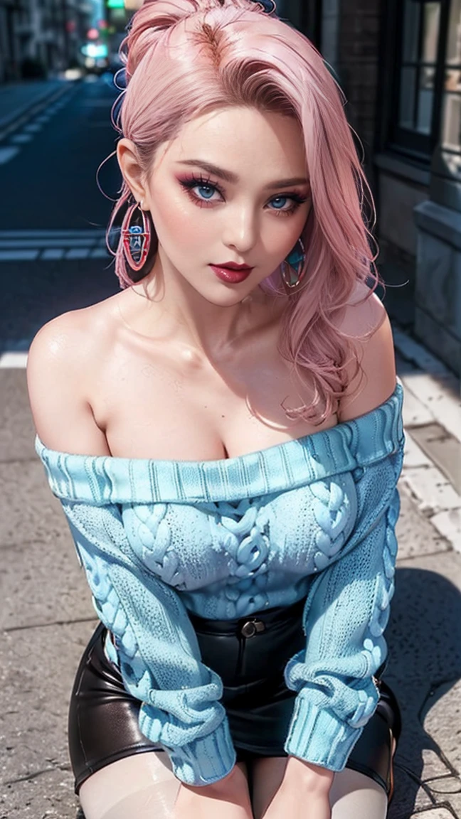 ((1 girl, Solitary, Reina Morimoto, Morimoto_Queen, (Blue eyes, OK, 高OK), Lipstick, Jade earrings, muscular, healthy)), Sexy gestures, Fair, Well-proportioned body, healthy)), ((Solitary, (1 woman, pink Lipstick), Very detailed, ambient soft Light, 4K, Perfect eyes, Perfect face, perfect Light, a 1 girl)), severe, ((On Pavement, (Off-shoulder sweater, Women&#39;s hollow sweater, sweater, black knitted sweater), mini skirt, (beige mini skirt, Short mini skirt), high-heel boots, (High heel, 细High heel), high-heel boots, thigh-High boots, Thigh and beige skirt, High boots, sexy look, Wearing a beige dress, Sexy clothes, in the city, monument, modern sculpture, Beautiful polka dance, Nice scenery, There are neon Lights, (Pantyhose), Boots above the knee, night, Light))，behind，Looking Back，Back to Photos，Back to the audience，Pout your hips