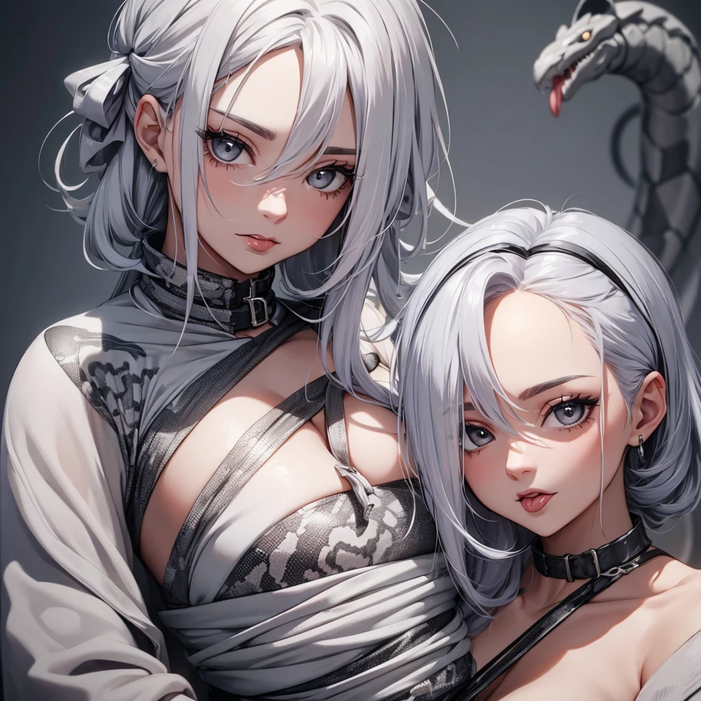 A woman with silver hair with a gray snake wrapped around her and her tongue sticking out