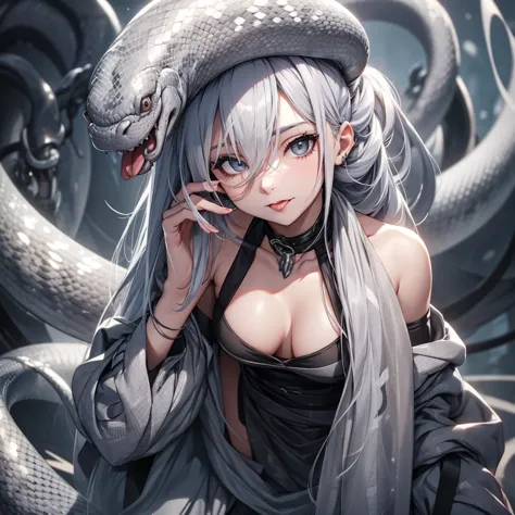 A woman with silver hair with a gray snake wrapped around her and her tongue sticking out