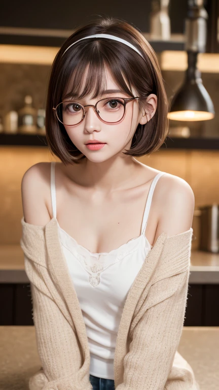 Tabletop, Highest quality, One Girl, (beautiful girl, Delicate girl:1.3), (23 years old:1.3), Definition of very fine particles, (Symmetrical eyes:1.3), bar counter, ( Off the shoulder、White camisole、Loose cardigan:1.2), Small breasts, Cleavage、Brown eyes, Show your forehead, Brown Hair, (Eye and facial details:1.0), (RAW Photos, Film Grain, chromatic aberration), (Bokeh: 1.1),,thin、Tear bags、Tanuki face、Drooping eyes、bob cut、Headband、Put your index finger to your lips、freckles、Round Glasses、(erect nipples)