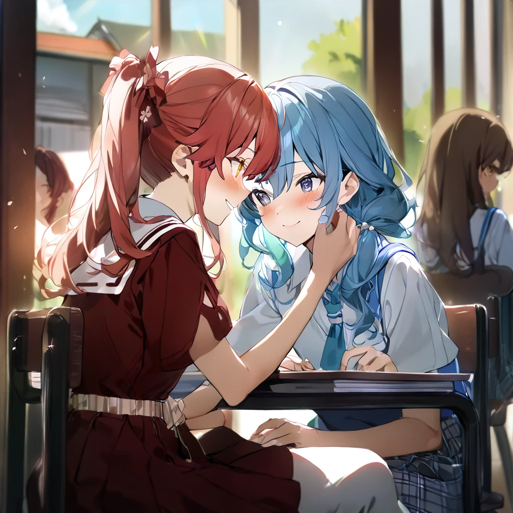 (((2girls))), together, two people, masterpiece, best quality, integrated scenery, integrated background, extremely delicate and beautiful, meticulous details, good composition, glowing eyes, beautiful eyes, cute face, perfect face, perfect hands, fingernails, sakura miko, SakuraMiko, HoshimachiSuisei, hoshimachi suisei, blurry background, sunlight, light blush, ((school)), upper body, looking each other, smile, sitting on chair, , (talking each other),in_school