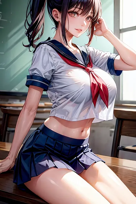 makima (chainsaw man), woman, sexy woman, mature female, mommy, sharp eyes, detailed lips, big breast, short sleeves sailor unif...