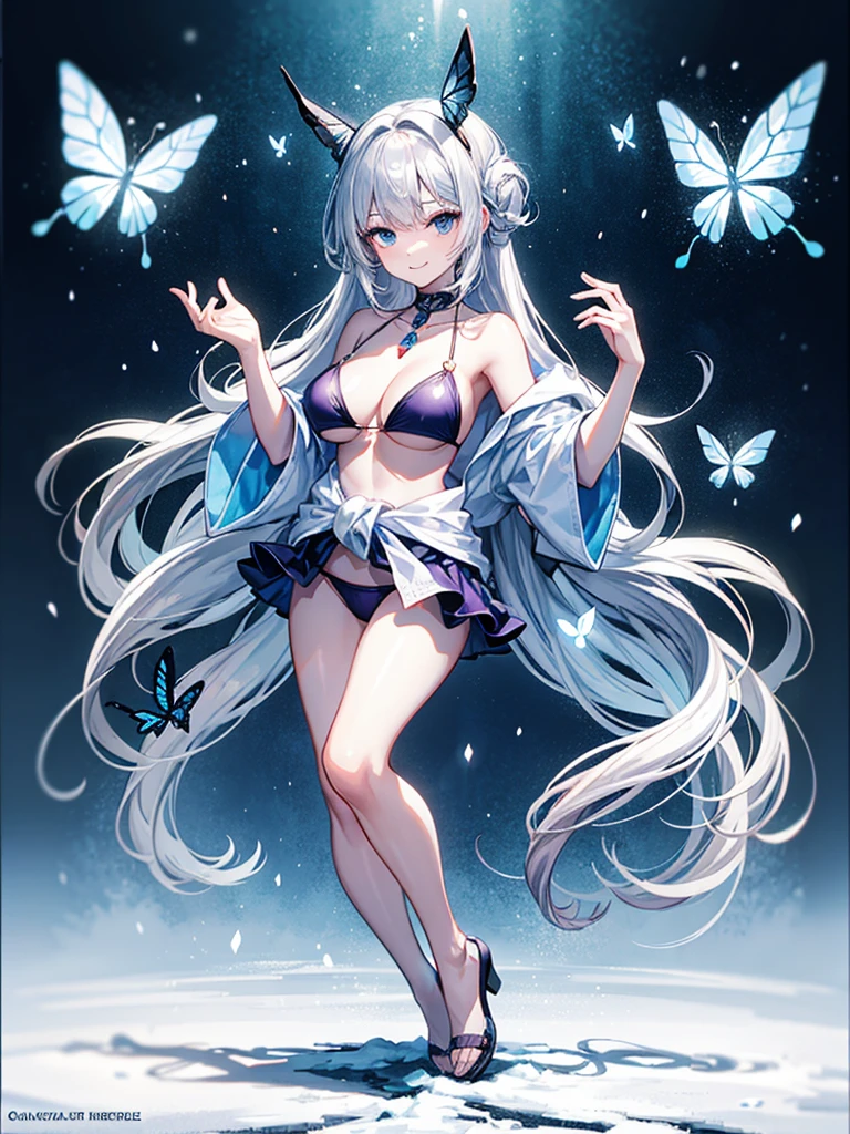 （（（masterpiece、Highest image quality、highest quality、highly detailed unity 8ｋwallpaper）））

32k, 1girl, solo, 

Girl, heavy bangs, long hair to the waist, silver hair, gradation of red-purple tips, ice blue eyes, butterfly princess, snow-white skin, swimsuit, simple bikini, smile, full body