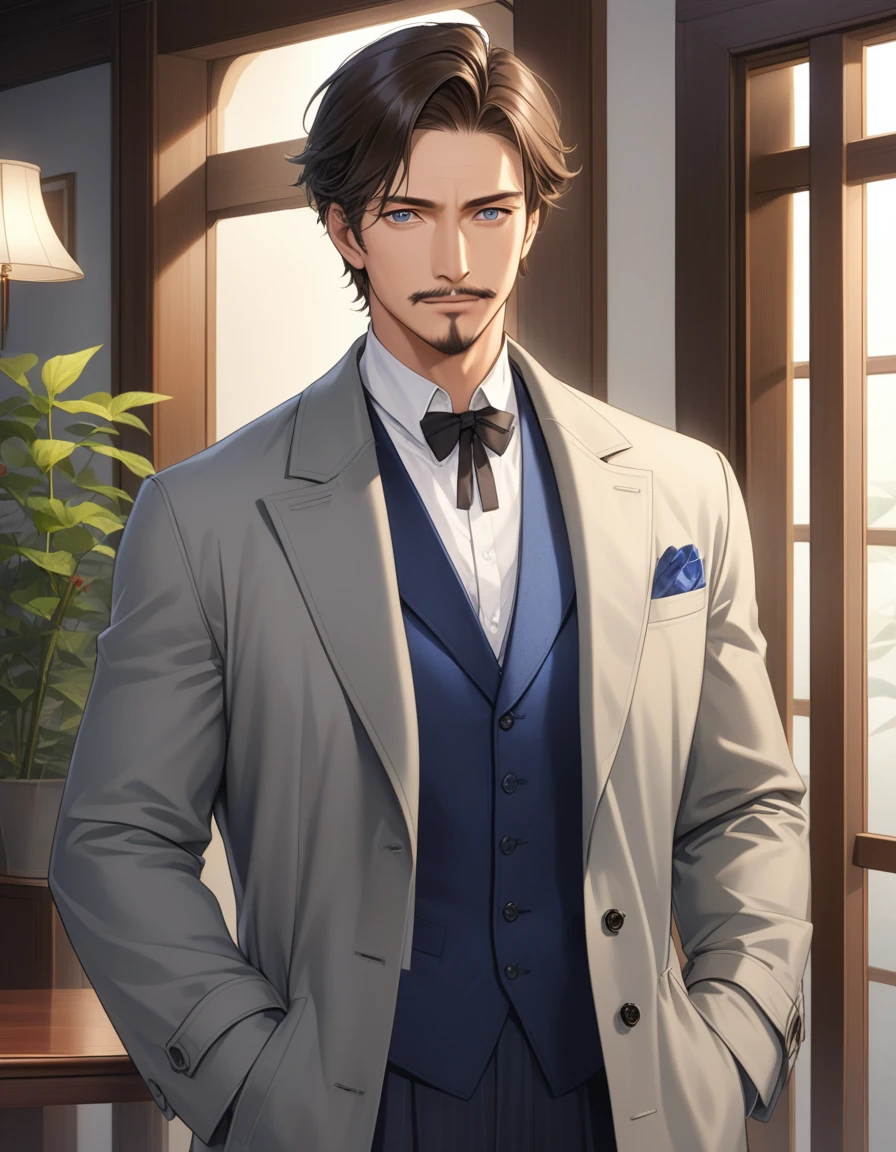 1man, mature male, parted bangs, medium-short hair, brown hair, muscular male celeb, short goatee, short mustache, indigo eyes, gentleman, elegant netori male, BREAK solo, white collared shirt, gray trench coat, black neck ribbon, in gentle sasaki style, visual novel, 2010s, extreme all detailed, masterpiece, best quality