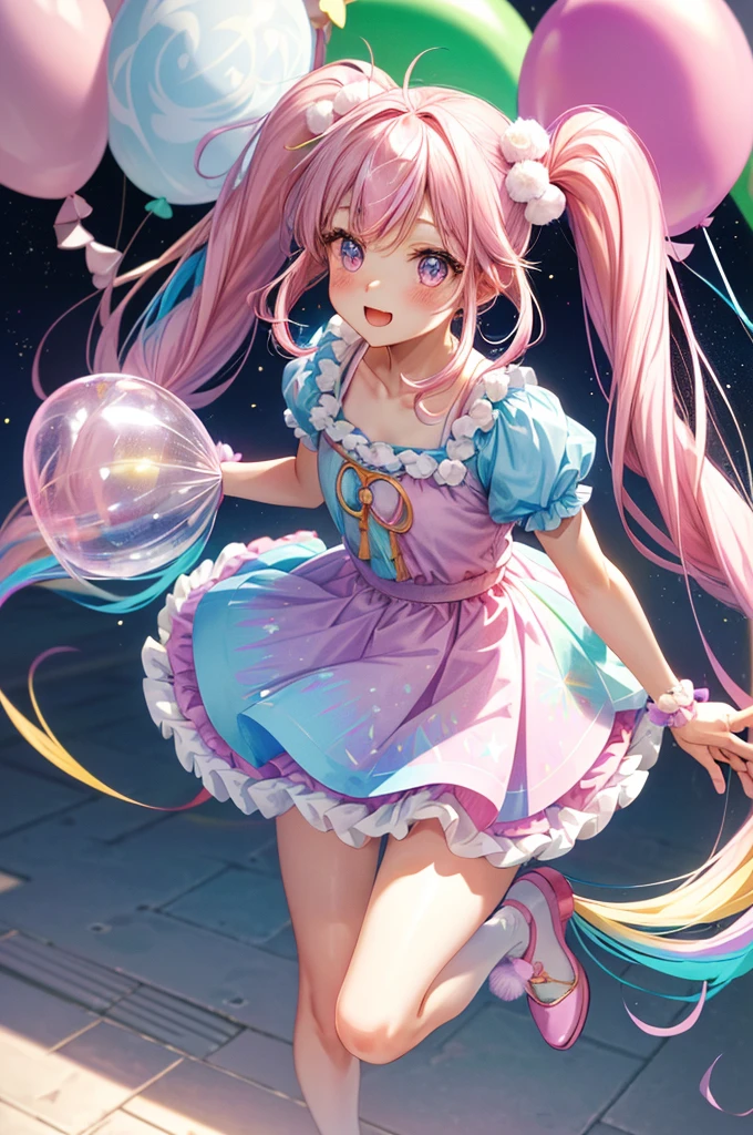 (whole body, legs and shoes visible: 1.2)) Expressive eyes, One girl, Pale skin, Long Hair, Windblown Hair, ((absurdly Long Hair)), Long Side Lock, Princess bangs, Hair bangs, Hair Bun, ((Very long twin tails)), Rainbow Hair, Light pink hair, blush, full face blush, big sparkling Pastel Purple eyes, (Gradient Eye), Laughing with your mouth open, cute pose, ((Holding a balloon : 1.3)) ((cute and pastel fashion)) ((🦄🎠🎈🎉 theme : 1.4)) A loose pastel dress, ((Dreamy multi-colored open dress)), (Floating ribbon), Lavender Frill, Pink frills, (Light blue lace), Removable short sleeves, Fluffy skirt, ((Rainbow and star printed skirt : 1.3)), Lolita Skirt, Purple ribbon, ((pom pom ribbon hair ornament : 1.4)), Multiple Bows, Striped lace stockings, (heart型のレッグガーター), cute (Pastel Purple) shoes ((Ultra-detailed clothing and fashion)) I&#39;m watching you, Vintage Girl, blush, (Beautiful attention to detail), (Highly detailed CG Unity 8k wallpaper) (Best Shadow), ((Very delicate and beautiful)), (Detailed light), ((Depth of written boundary)) Big Head, Big, bright eyes, Moe, Splash Art, Cinema Lighting, Front view, volumetric lighting maximalist photo illustration k resolution high resolution intricate detailed complex key visuals precise linear ((Dreamy pastel sky background, Surrounded by sunset clouds, shooting star, Castle above the clouds)) ((Ultra-detailed landscapes, Foggy clouds, Hung by balloons, heart : 1.3))