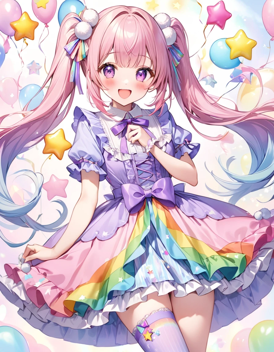 (whole body, legs and shoes visible: 1.2)) Expressive eyes, One girl, Pale skin, Long Hair, Windblown Hair, ((absurdly Long Hair)), Long Side Lock, Princess bangs, Hair bangs, Hair Bun, ((Very long twin tails)), Rainbow Hair, Light pink hair, blush, full face blush, big sparkling Pastel Purple eyes, (Gradient Eye), Laughing with your mouth open, cute pose, ((Holding a balloon : 1.3)) ((cute and pastel fashion)) ((🦄🎠🎈🎉 theme : 1.4)) A loose pastel dress, ((Dreamy multi-colored open dress)), (Floating ribbon), Lavender Frill, Pink frills, (Light blue lace), Removable short sleeves, Fluffy skirt, ((Rainbow and star printed skirt : 1.3)), Lolita Skirt, Purple ribbon, ((pom pom ribbon hair ornament : 1.4)), Multiple Bows, Striped lace stockings, (heart型のレッグガーター), cute (Pastel Purple) shoes ((Ultra-detailed clothing and fashion)) I&#39;m watching you, Vintage Girl, blush, (Beautiful attention to detail), (Highly detailed CG Unity 8k wallpaper) (Best Shadow), ((Very delicate and beautiful)), (Detailed light), ((Depth of written boundary)) Big Head, Big, bright eyes, Moe, Splash Art, Cinema Lighting, Front view, volumetric lighting maximalist photo illustration k resolution high resolution intricate detailed complex key visuals precise linear ((Dreamy pastel sky background, Surrounded by sunset clouds, shooting star, Castle above the clouds)) ((Ultra-detailed landscapes, Foggy clouds, Hung by balloons, heart : 1.3))