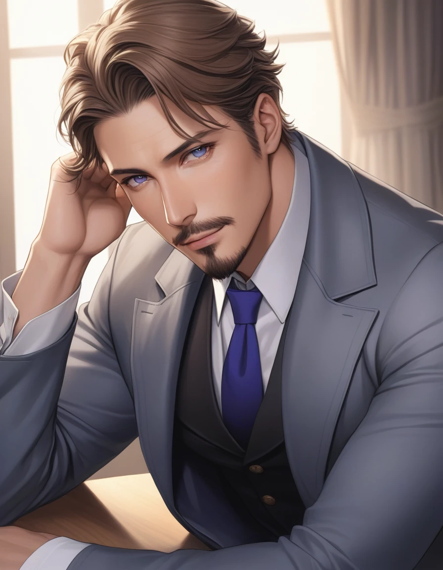 1man, mature male, parted bangs, medium-short hair, brown hair, muscular male celeb, short goatee, short mustache, indigo eyes, gentleman, elegant netori male, BREAK solo, white collared shirt, gray trench coat, black neck ribbon, in gentle sasaki style, visual novel, 2010s, extreme all detailed, masterpiece, best quality