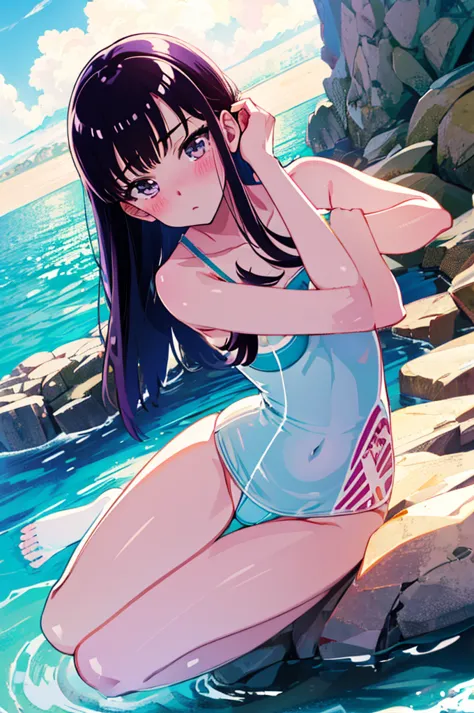 ランダムなポーズ、random patterned swimsuit、swimsuit,,blushing、pale brown eyes、dark purple hair、semi-long hair、head to toe full body、blus...