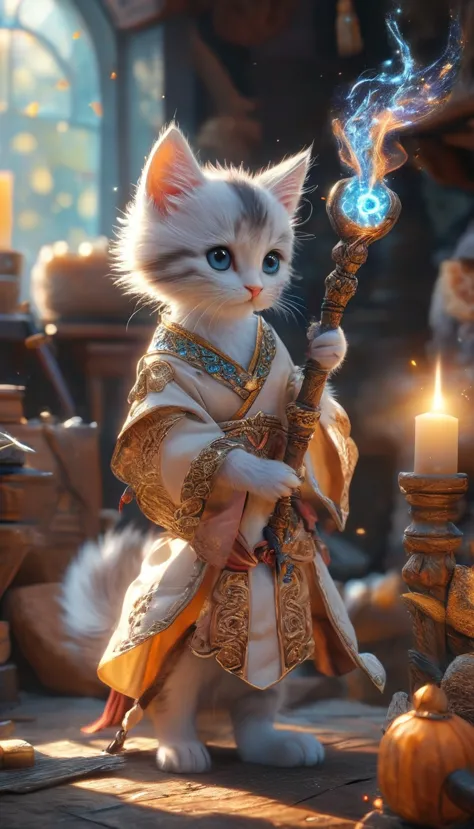 an enchanting image featuring an adorable kitten mage wearing intricate ancient robes, holding an ancient staff, hard at work in...