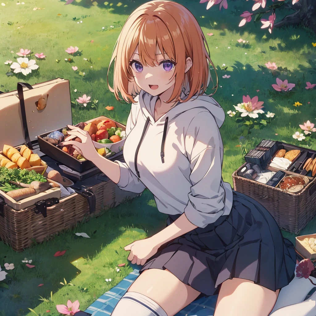 (Recall,food:1.3),(picnic:1.3),basket, Highest quality,Best image quality,Perfect Anatomy,masterpiece,Ultra-detailed,beautiful,super high quality, Highest quality,High resolution, Very detailed,Game CG,Dutch Angle ,beautiful細部までこだわった目,Visual Arts,Five Fingers, Perfect hands,Hide your hands, {{{One Girl}}}, beautiful詳細な女の子, Game CG, Spring flower, One curl on the outside, Short Bob Hair, Pastel orange hair, Purple eyes,Stylish accessories solo, breast enhancement, Medium Shoot, woman, Take-out, Laughter, huge ,,Pastel green checkered mini skirt,Black knee-highs, {{{{{Wearing a pastel green hoodie}}}}},Open your mouth, wonderful, beautiful細部までこだわった目, Highest quality, Very delicate,Masseter muscle area,Highest quality,(Official Art、Highest quality、Unity 8k wallpaper、32K、masterpiece、Ultra-detailed、超High resolution、Realistic、Photorealistic:1.2)、(Cinema Lighting:1.2)、Fire Glow Effect、The most grainy shadows on the film、Side light、Side Shot、(Ultra-detailedで複雑な3Dレンダリング)、Atelier Series,