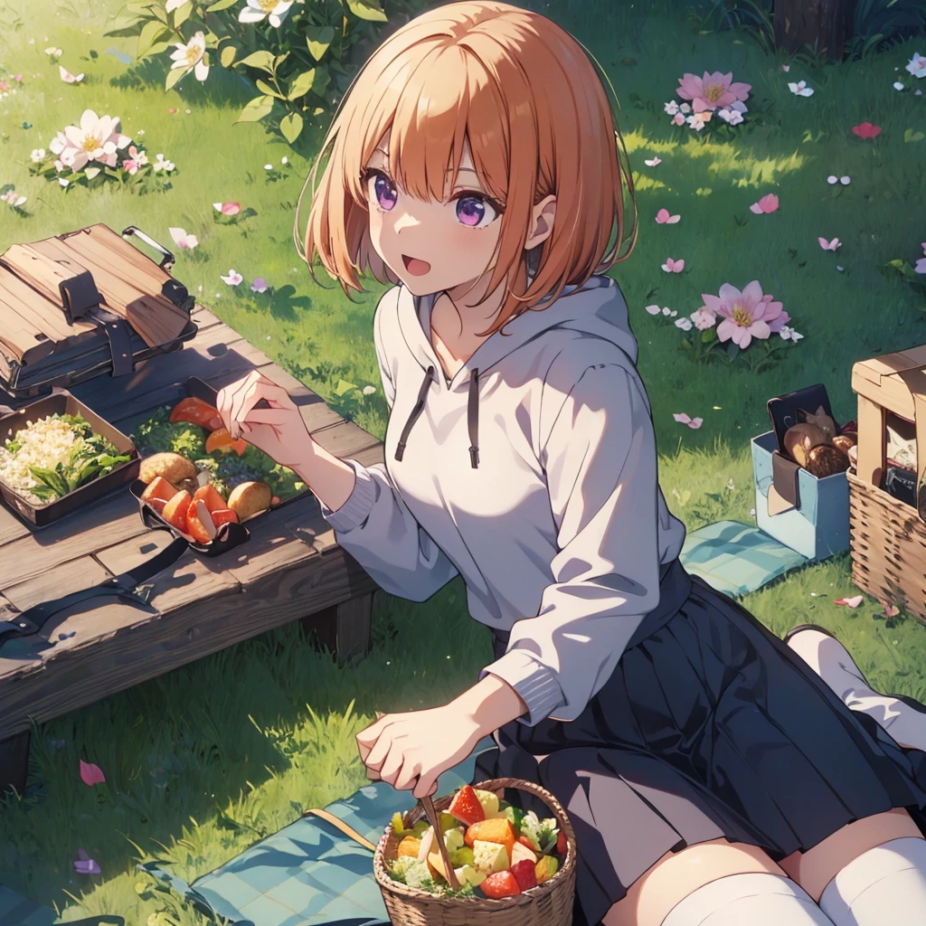 (Recall,food:1.3),(picnic:1.3),basket, Highest quality,Best image quality,Perfect Anatomy,masterpiece,Ultra-detailed,beautiful,super high quality, Highest quality,High resolution, Very detailed,Game CG,Dutch Angle ,beautiful細部までこだわった目,Visual Arts,Five Fingers, Perfect hands,Hide your hands, {{{One Girl}}}, beautiful詳細な女の子, Game CG, Spring flower, One curl on the outside, Short Bob Hair, Pastel orange hair, Purple eyes,Stylish accessories solo, breast enhancement, Medium Shoot, woman, Take-out, Laughter, huge ,,Pastel green checkered mini skirt,Black knee-highs, {{{{{Wearing a pastel green hoodie}}}}},Open your mouth, wonderful, beautiful細部までこだわった目, Highest quality, Very delicate,Masseter muscle area,Highest quality,(Official Art、Highest quality、Unity 8k wallpaper、32K、masterpiece、Ultra-detailed、超High resolution、Realistic、Photorealistic:1.2)、(Cinema Lighting:1.2)、Fire Glow Effect、The most grainy shadows on the film、Side light、Side Shot、(Ultra-detailedで複雑な3Dレンダリング)、Atelier Series,