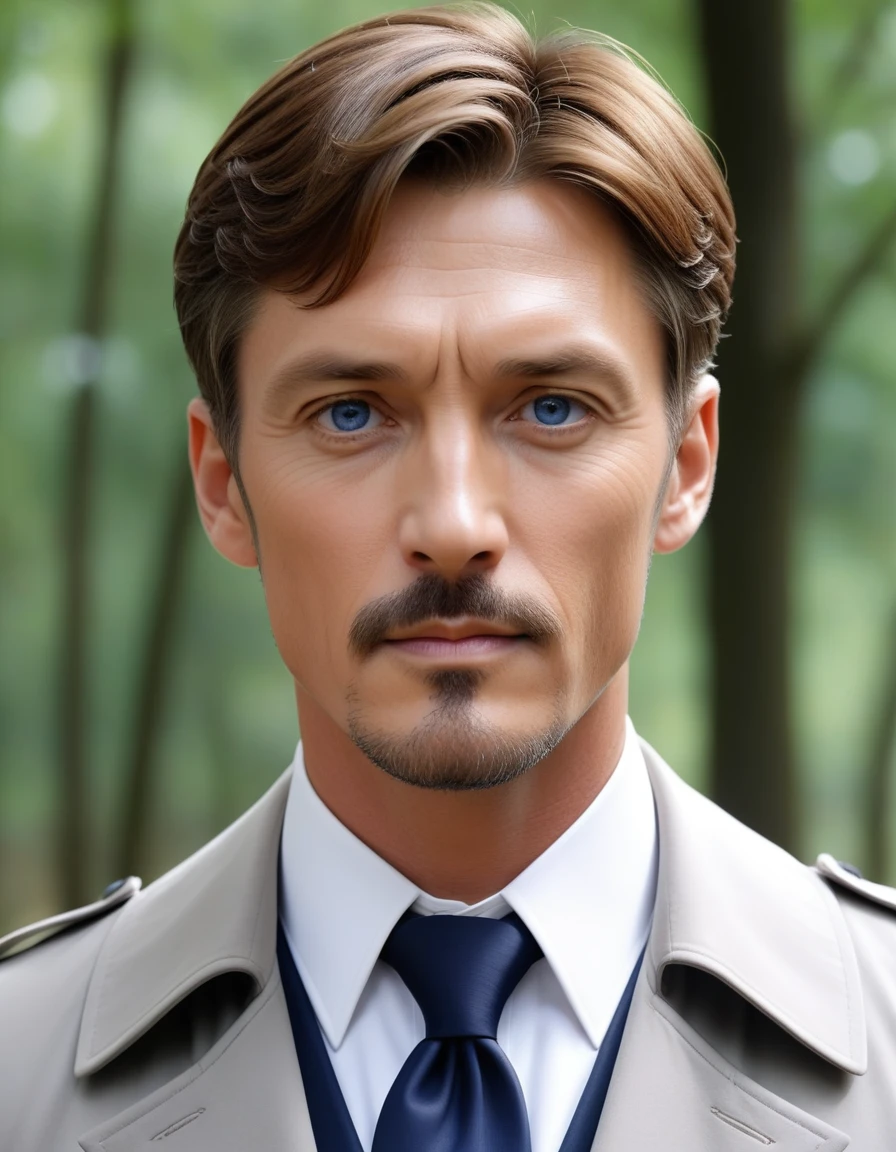 1man, mature male, parted bangs, medium-short hair, brown hair, muscular male celeb, short goatee, short mustache, indigo eyes, gentleman, elegant netori male, BREAK solo, white collared shirt, gray trench coat, black neck ribbon, in gentle sasaki style, visual novel, 2010s, extreme all detailed, masterpiece, best quality